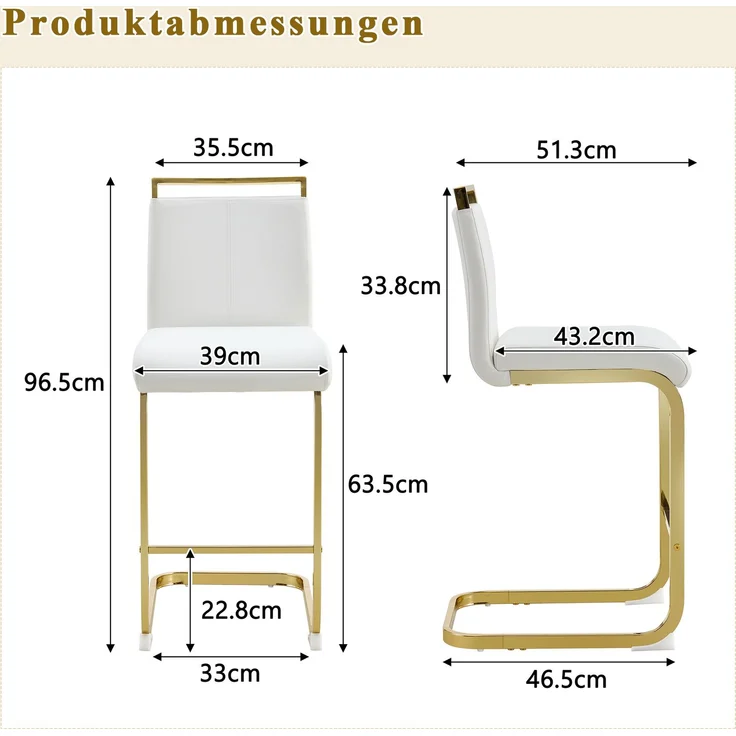Rayofly-2er-Set Barhocker nordischer Stil H96,5cm, weißes PU-Leder, goldene Metallbeine, für Restaurant, Küche,H 96.50cm x T 39.00cm x B 46.50cm,Weiß – Bild 5