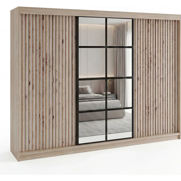 A&J MöbelLand 'NORIVO' Schwebetürenschrank, 200 cm, mit Spiegel und 3D-Lamellen, Sonoma, Lamellen: Weiß, Premium – Bild 2
