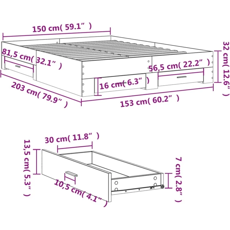 vidaXL Bettgestell mit Schubladen Schwarz 150x200 cm Holzwerkstoff 3280378 – Bild 7