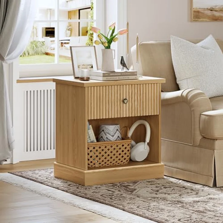 GarveeHome Nachttisch Mit Geriffelten Schubladen Und Offene Lagerung, Kommode Mit Metallgriffen, Nachttisch Mit 45 kg Tragkraft, Für Schlafzimmer Und Wohnzimmer, 57,7 x 39,6 x 61 cm – Bild 3