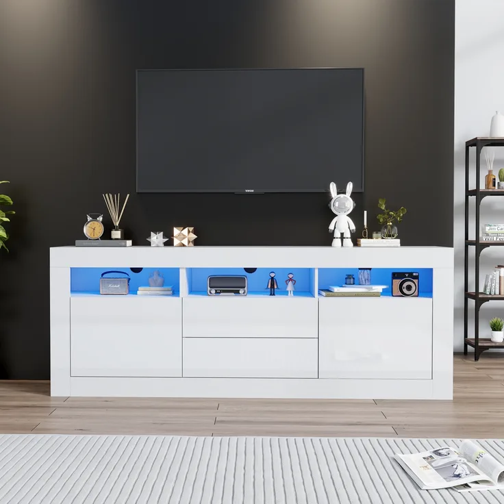 TV-Schrank, Hochglanz, mit App-LED-Licht, Push-open-Schubladen & Kabelmanagement, 160x35x60 cm, Weiß