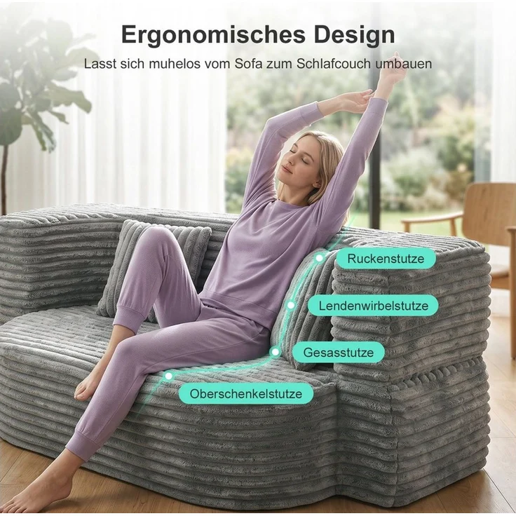oyajia Schlafsofa Klappbares Knochenloses Schlafsofa mit 2 Kissen,192.5x85x70CM, Boneless Couch, Klappsofabett für Wohn/Arbeits/Schlafzimmer, 2-in-1 Sofa-Bett mit Cordstoffbezug – Bild 3
