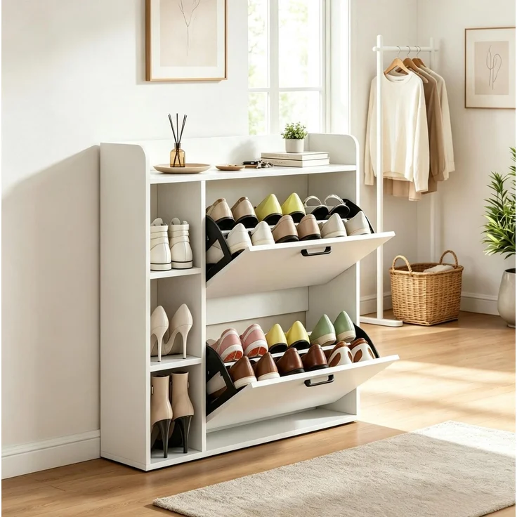 DESVIAE Garderobenschrank Weiß aus Spanplatte – 83x90,5x24 cm – 2 Kippfächer, 3 Seitenfächer – Bild 2