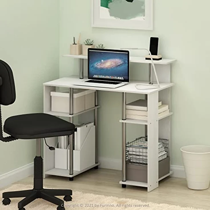 Furinno Jaya Computerschreibtisch im schlichten Design, Weiße Eiche, Edelstahlrohre – Bild 3