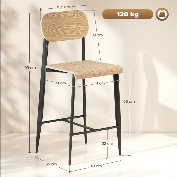MELAYR, 2er-Set Barhocker, Barstühle mit Rückenlehne und Metallgestell, Holz, Hellbraun, 55 x 43 x 103 cm, Naturholz – Bild 5