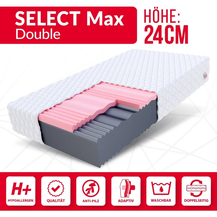 Matratze 140x200 Kaltschaum SELECT MAX DOUBLE Visco Schaum Polyurethanschaum H3/H4 24 cm JERSEY – Bild 2