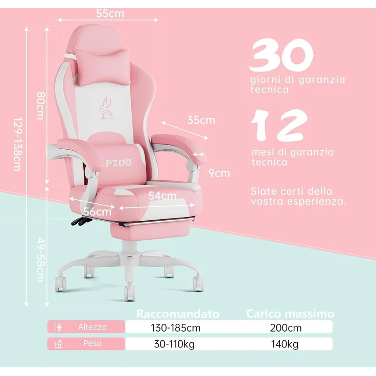 Gaming Stuhl Rosa Mädchen Teenager Bürostuhl PC Stuhl Fußstütze Pink – Bild 2