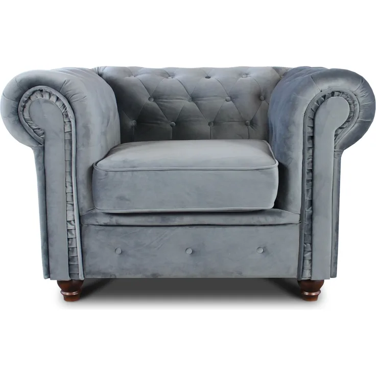 Sessel Chesterfield Asti - Couch, Couchgarnitur, Couchsessel, Loungesessel, Stühl, Holzfüße - Glamour Design, Velours (Grau (Velvet 10))
