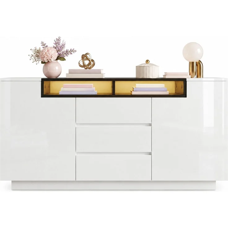 DESVIAE Sideboard mit LED-Beleuchtung und 3 Schubladen 140x68x40 cm Spanplatte Weiß/Schwarz – Bild 7
