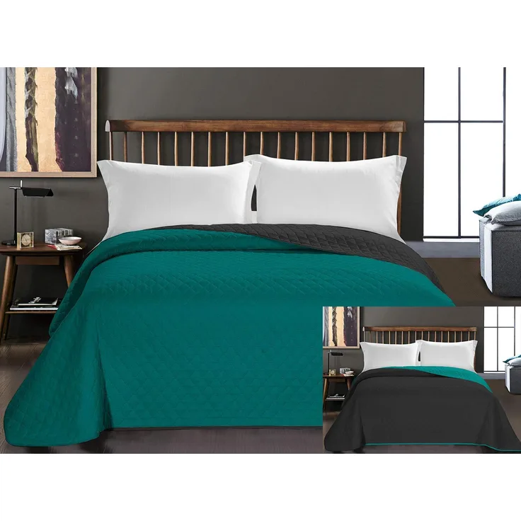 DecoKing Tagesdecke Bettüberwurf 200x220 cm Petrol Anthrazit Steppdecke Überwurf Zweiseitig Gesteppt Prägemuster Rauten Dunkeltürkis Grau Axel 200x220 cm