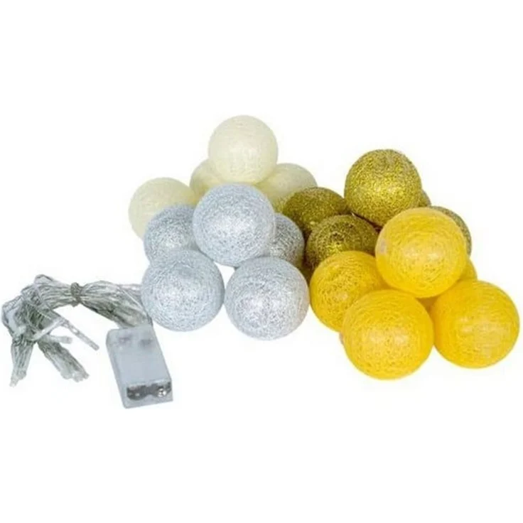 K&L Wall Art LED-Lichterkette Cotton Ball Kinderzimmer Lichterkette 20 LED Deko Kugeln aus Baumwolle, 20-flammig, Gelb Gold Silber Farbton – Bild 4