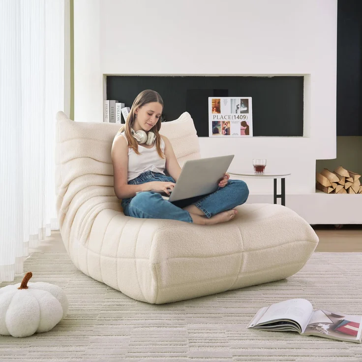 Lounge-Sofa aus Teddy-Velours mit hochdichter Polsterung, ergonomisch, 110x85x79 cm, Beige – Bild 6