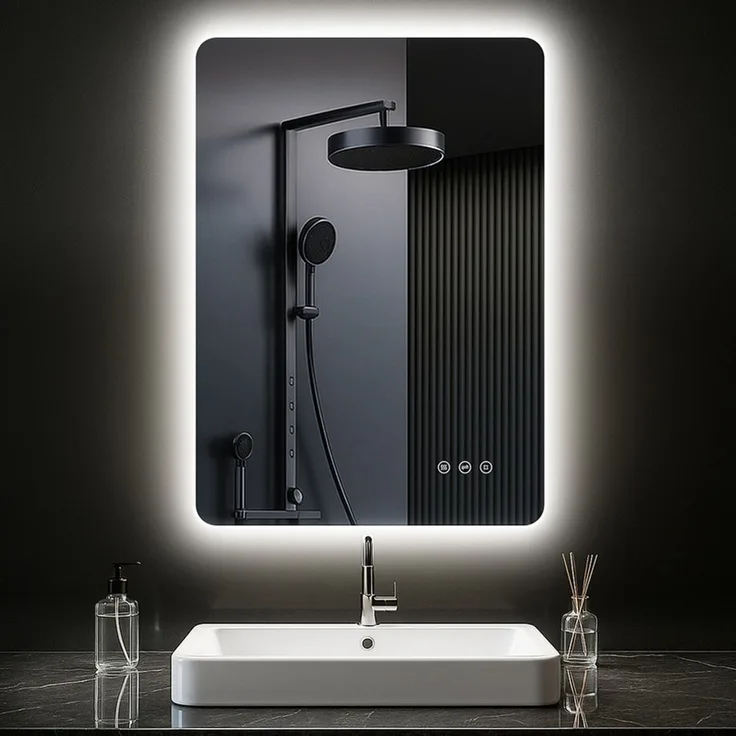 PESENXAN LED Badezimmerspiegel 100x60 cm, rechteckiger Wandspiegel mit Beleuchtung, 3 Lichtfarben, dimmbar, Anti-Beschlag, Memory-Funktion, Touch-Schalter, IP44, Schwarz