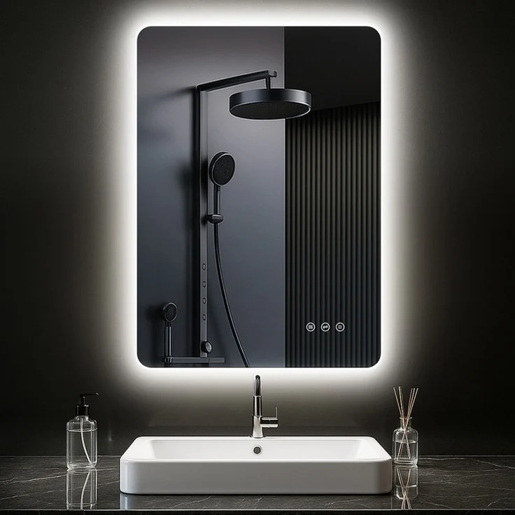 PESENXAN LED Badezimmerspiegel 100x60 cm, rechteckiger Wandspiegel mit Beleuchtung, 3 Lichtfarben, dimmbar, Anti-Beschlag, Memory-Funktion, Touch-Schalter, IP44, Schwarz – Bild 1