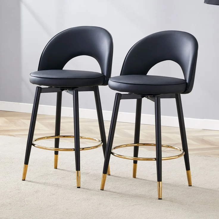 360° drehbarer Barhocker, Komplett in Schwarz gehalten, Sitzkissen aus PU-Material, komfortabler gepolsterter Barhocker, geeignet für Bars, Esszimmer, Küchen, Terrassen usw, Eine Box mit 2 Stück.--Schwarz--44x44x91.5cm--YOUDENOVA – Bild 2