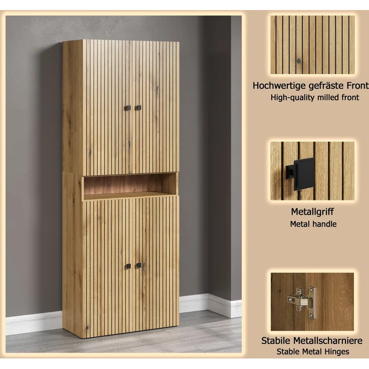 trendteam smart living - PureBliss - Waschbeckenunterschrank - Eiche - Waschtisch mit 3 offenen Fächern - (BxHxT) 90 x 91 x 53 cm - Rillenoptik - edle Metallgriffe - 60 cm Aufsatzwaschbecken – Bild 6