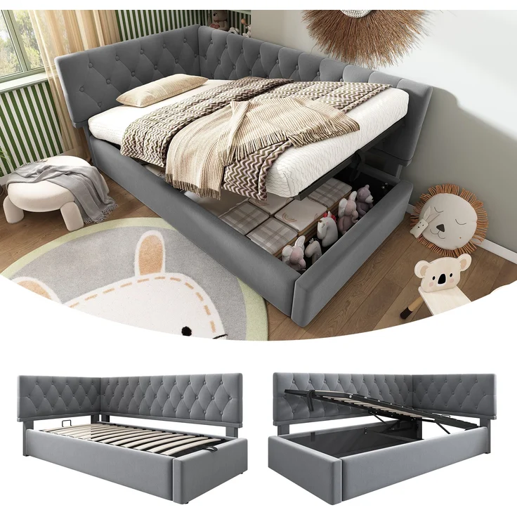 Schlafsofa L-Form Grau Samt Stauraum Hydraulisch 90x190 cm Beige Rosa Kopfteil beidseitig montierbar – Bild 4