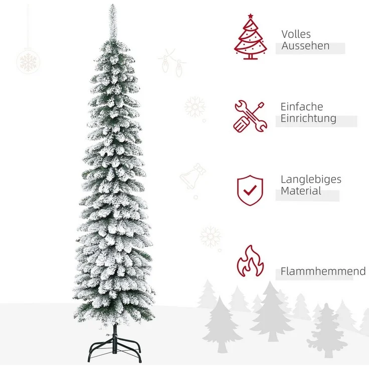 HOMCOM Künstlicher Weihnachtsbaum Bleistiftbaum mit Beflockung, schmal, Tannenbaum, mit 395 Spitzen, Schnee, Zapfen und klappbar Metallständer, Grün+Weiß – Bild 3