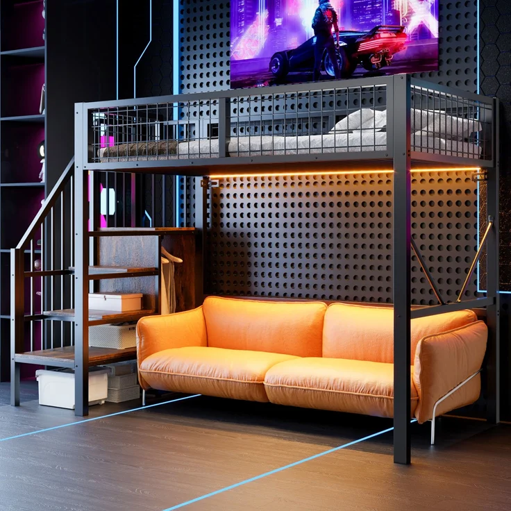 EINHOM Metall-Hochbett 90 x 200 cm, Bettgestell Inklusive Leiter und Stauraum, LED-Beleuchtung, Sicherheitsgeländer aus Metallgitter. Schwarz (Ohne Matratze) – Bild 1