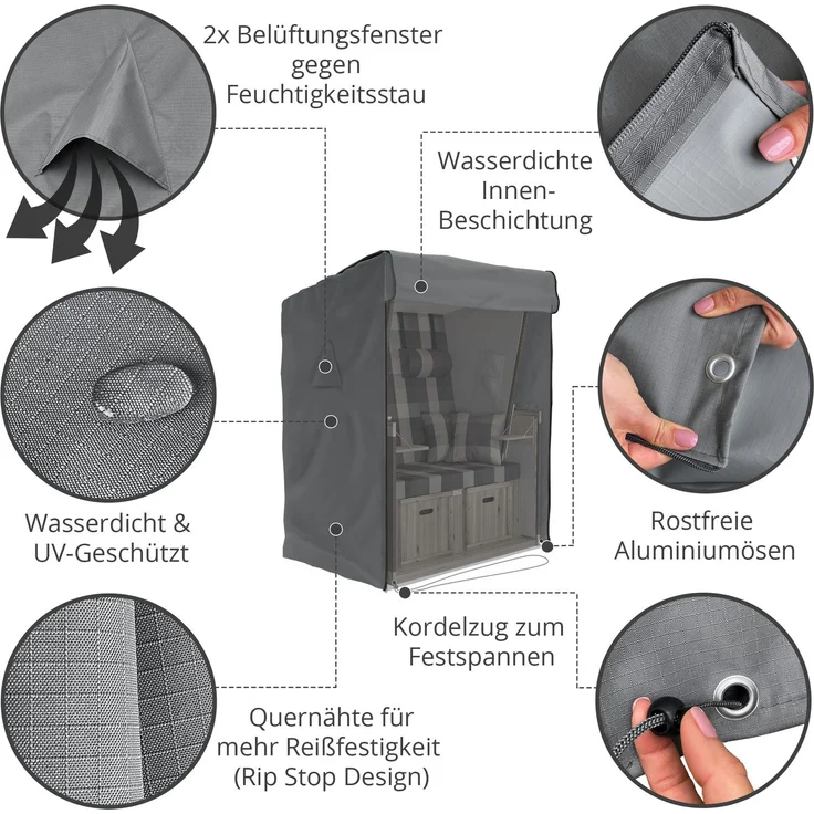 SANZARO Strandkorb Schutzhülle winterfest 135 cm passend für 120 breit – RipStop-Technologie mit 600D Oxford Stoff, Reißfest und UV Beständig, Abdeckhaube für Strandkörbe Wasserdicht, grau – Bild 3