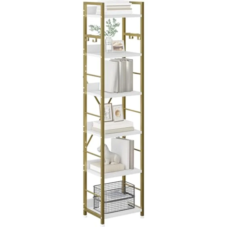 YITAHOME Bücherregal mit 6 Ebenen, Industrielles Standregal, Metallrahmen und Holzregale, Hohes Lagerregal mit 4 Haken, Präsentationsorganizer, für Wohnzimmer, Heimbüro, Gold Regal – Bild 2