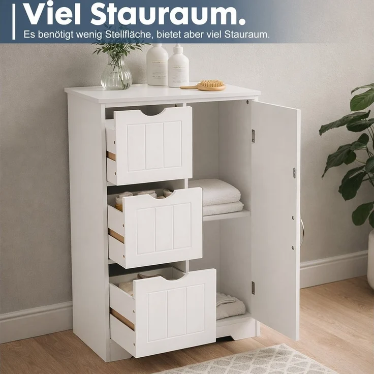DUMOS Badkommode Badezimmerkommode mit 3 Schubladen (Badezimmerschrank), Schrank mit verstellbarem Regalbrett und 3 Schubladen – Bild 1