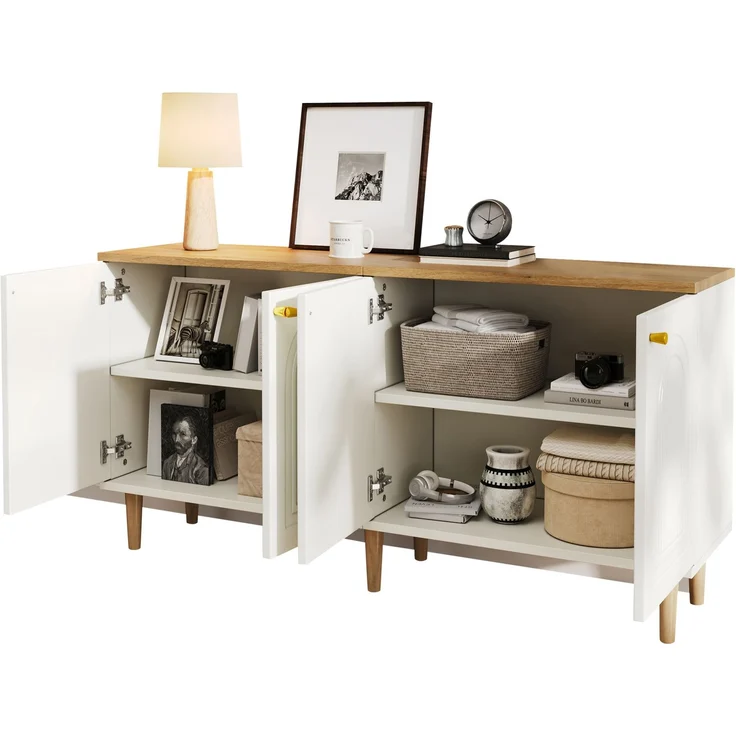 Sideboard 140 x 35 x 71 cm mit 4 Türen, 3D-Relief und Ablagefächern – Weiß und Holzton – Bild 7