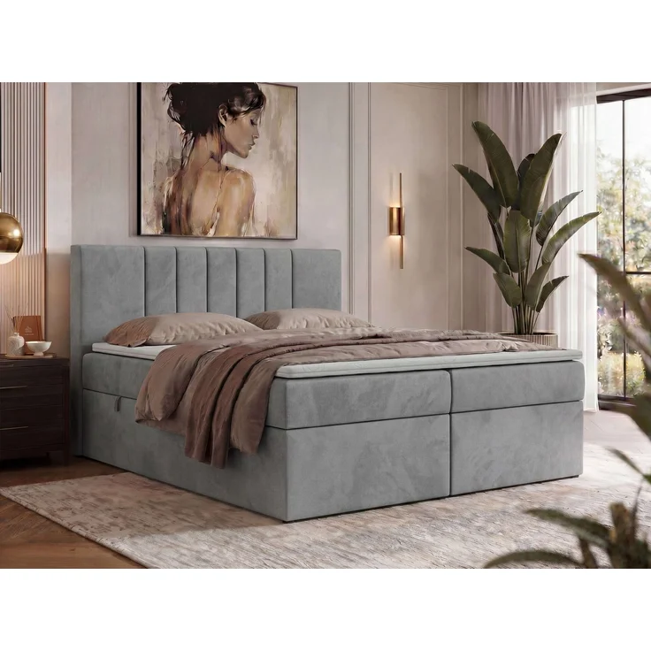 Boxspringbett INERO 200 x 200 mit Matratze H3 und Topper Visco, 7-Zonen-Multipocket-Kern, zwei Bettkästen, Doppelbett, gepolstert Kopfteil - Hellgrau Velvet – Bild 1