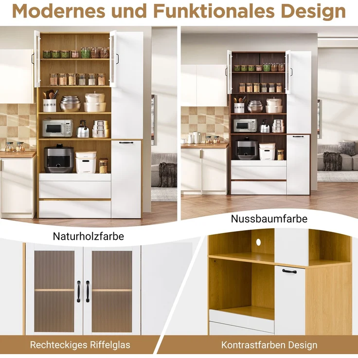 Highboard mit verstellbaren Regalböden und Schubladen, Buffetschrank mit ausziehbaren Regalböden und Riffelglas , Ideal für Esszimmer, Wohnzimmer und Küche (Weiß+Natur) – Bild 6