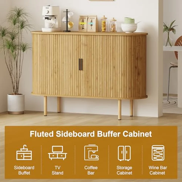 GarveeHome Ovales Sideboard, Buffet mit Schiebetüren, 2-stöckiger Wohnzimmerschrank mit verstellbaren Einlegeböden, für Wohnzimmer, 120 x 40 x 80 cm – Bild 7
