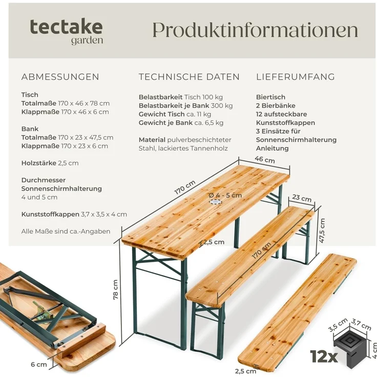tectake 'Ludwig' Bierzeltgarnitur mit Schirmhalterung, 3-teilig, klappbar, Tannenholz natur / Stahl grün, 170 x 46 x 78 cm – Bild 6
