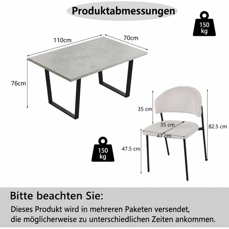 Jiexi Essgruppe Essgruppe 110x70cm MDF-Platte fix Tisch mit Cord-Polsterstühlen – Bild 3