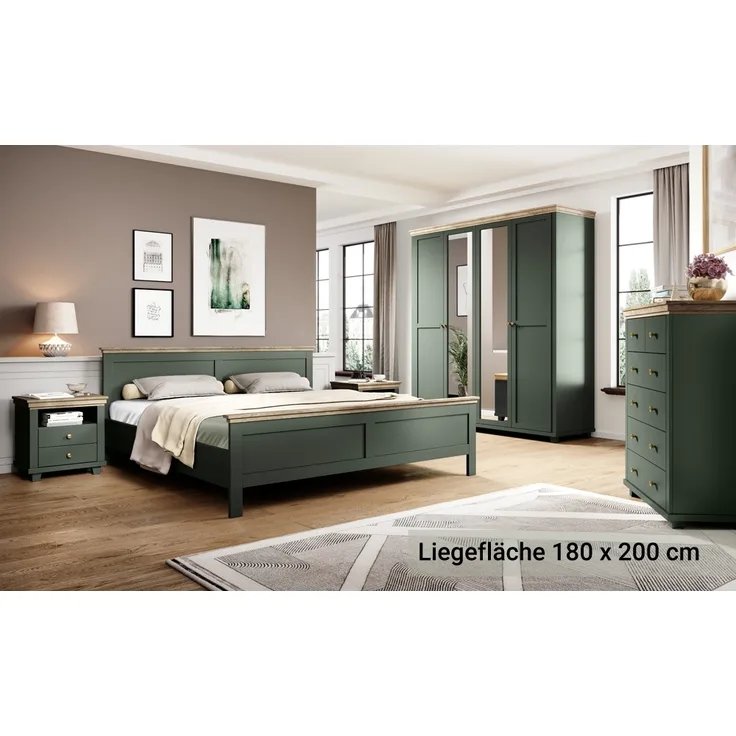 Schlafzimmer Komplett Set grün Landhausstil EPSOM-83 Doppelbett Liegefläche 180x200 cm, in grün mit Lefkas Eiche Nb.