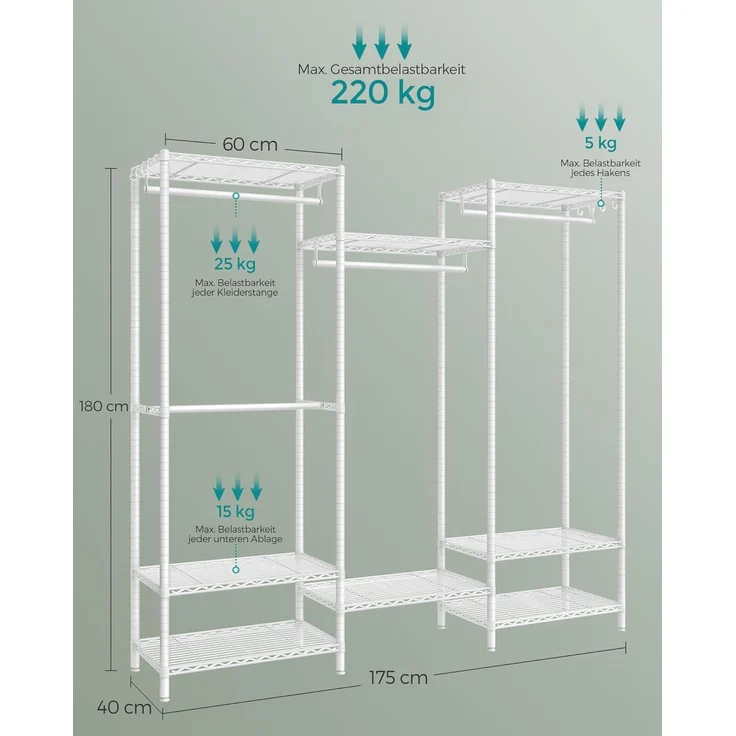 SONGMICS Kleiderständer, offener Kleiderschrank, Garderobe aus Metall, Garderobenständer mit verstellbaren Ablagen und Kleiderstangen, Haken, hochbelastbar, trennbar, wolkenweiß LGRDE431W01 – Bild 7