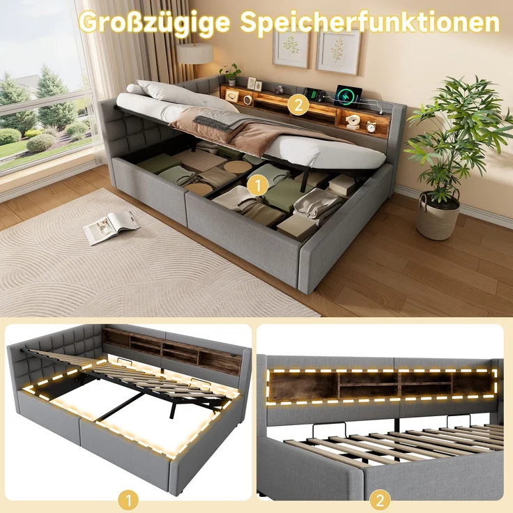 Daybett, Tagesbett, Schlafsofa,140x200 cm, Ohne Matratze, Hydraulische Lagerung, mit dimmbarer LED-Leiste, mit praktischem Regal, mit USB-Anschluss,Grau – Bild 8