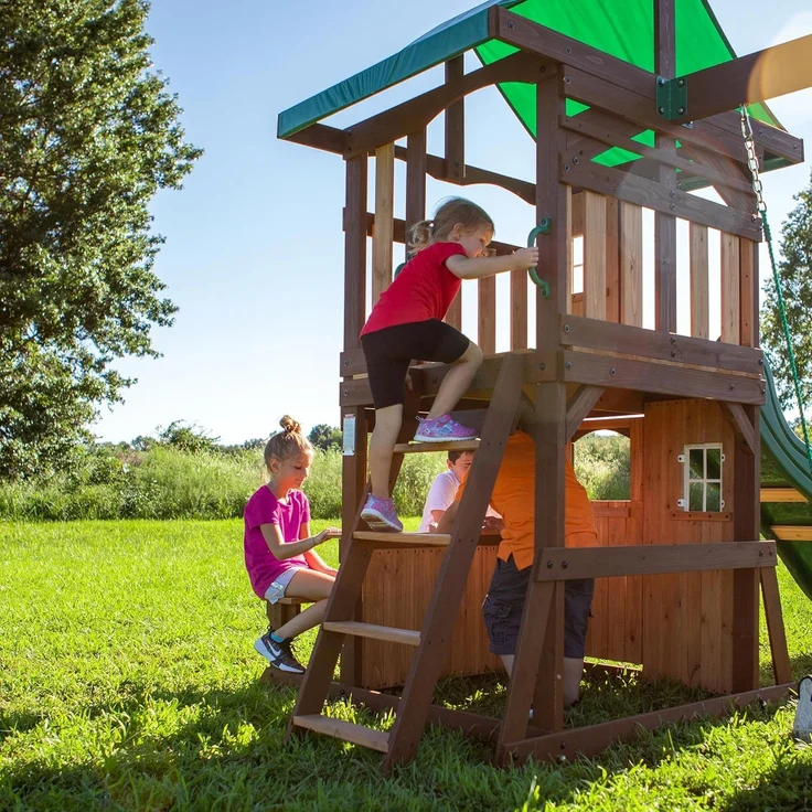 Backyard Discovery Lakewood Spielturm aus Holz XXL Spielhaus für Kinder mit Rutsche, Schaukel, Trapez & Picknicktisch | Braun, grün | Holz | 430.00 cm – Bild 5