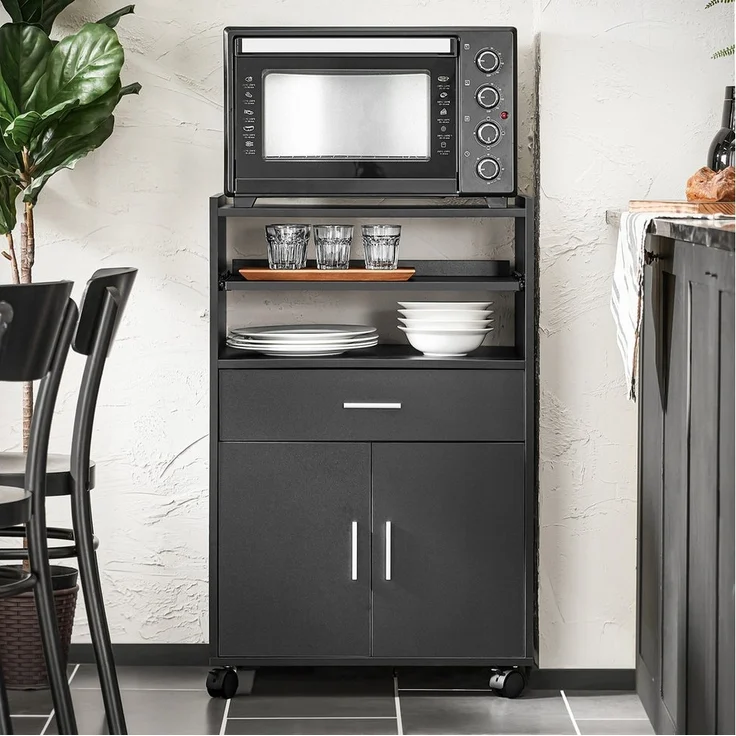 SoBuy Küchenwagen FSB09, Servierwagen mit Arbeitsplatte Aufbewahrungsschrank, Küchenschrank Rollschrank Mikrowellenschrank mit Ablagen und 2 Türen – Bild 1