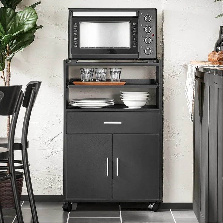 SoBuy Küchenwagen FSB09, Servierwagen mit Arbeitsplatte Aufbewahrungsschrank, Küchenschrank Rollschrank Mikrowellenschrank mit Ablagen und 2 Türen