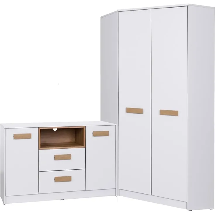 Marmex Möbel Grant Set-18 Kleiderschrank-Set 2-teilig, Eckschrank und Kommode für das Schlafzimmer, Möbelset für das Zimmer mit Eckschrank und Kommode, laminierte Spanplatte, weiß+riviera Eiche