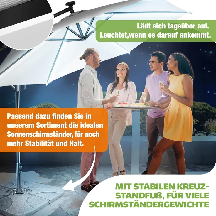 KESSER® Alu Ampelschirm LED Solar + Abdeckung mit Kurbelvorrichtung UV-Schutz Aluminium mit An-/Ausschalter Wasserabweisend - Sonnenschirm Schirm Gartenschirm 300cm, Weiß – Bild 6