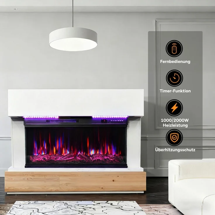 HOMAVO Elektrokamin mit Schrank, 36" 1000/2000W Elektrokamin mit Heizung, 3D-Flammeneffekt, Schrankgröße: 117 x 20 x 95,5 cm, LED-Leiste, Fernbedienung – Bild 3