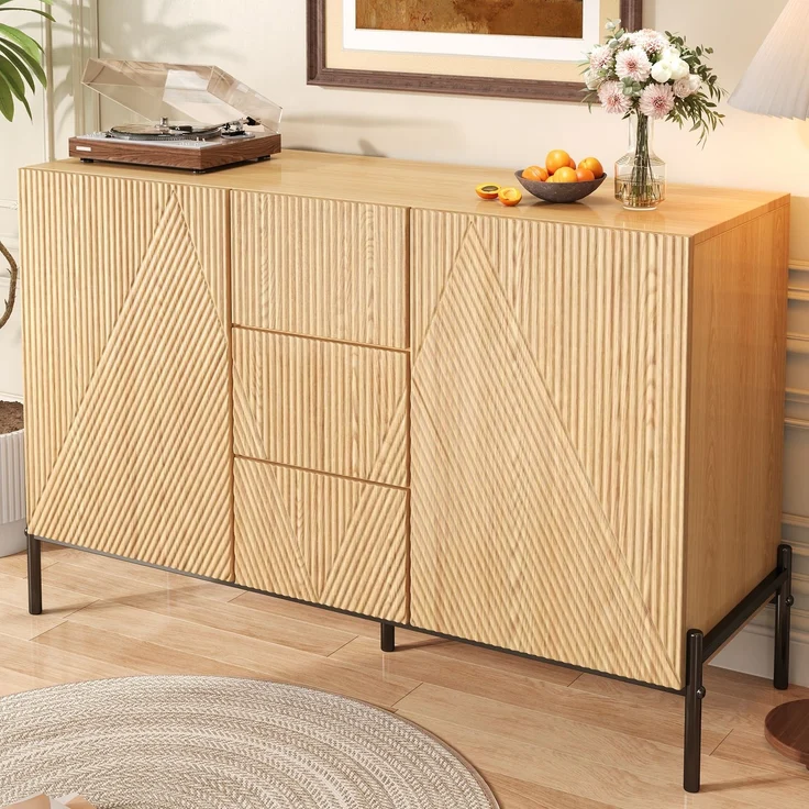 Merax Sideboard mit geometrischer Struktur, Doppeltüren, Mittlere Schublade, Viel Stauraum, Multifunktionaler Aufbewahrungsschrank für Wohn-/Esszimmer – Bild 5