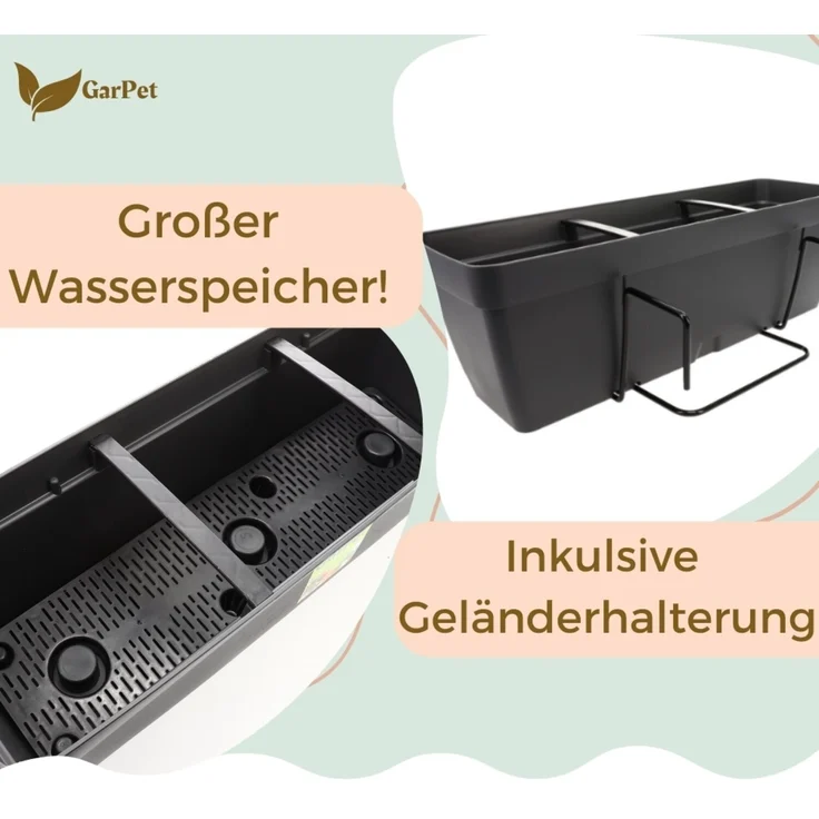 GarPet Balkonkasten 4x Blumenkasten Balkon Geländer Kasten Halterung Wasserspeicher 50 cm – Bild 4