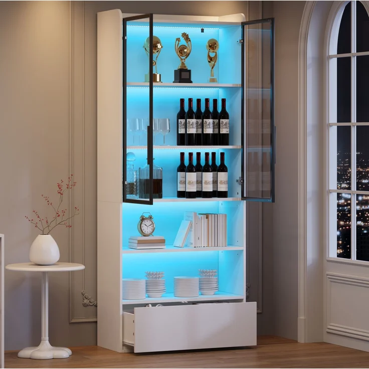 DESVIAE Vitrine mit LED-Beleuchtung und Schublade, MDF und Glas, Weiß, 80x180x34 cm – Bild 2