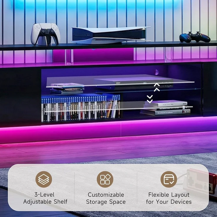 Aoxun 200 cm Fernsehstand, mit 2 Seitenkabinett, Moderner Stilvoller TV-Console mit LED Leuchten, Gaming-Fernseh-Medienconsole mit Verstellbarem Glasregal, Fernbedienung & APP-Steuerung, Schwarz – Bild 5