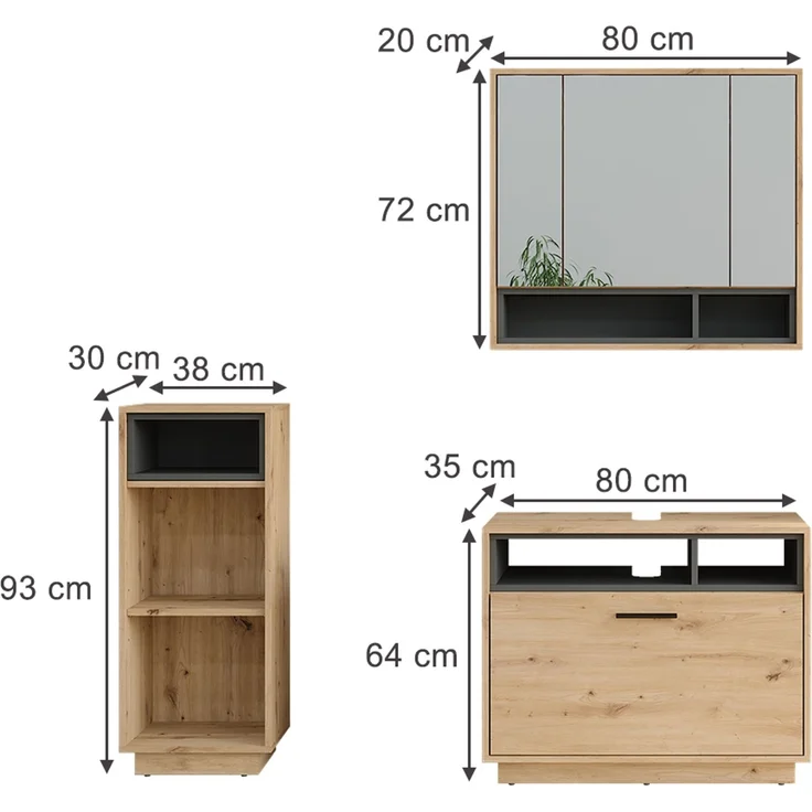 Badmöbel-Set Beatrice Artisan Eiche/Anthrazit 3 Teile mit Midischrank Vicco – Bild 2