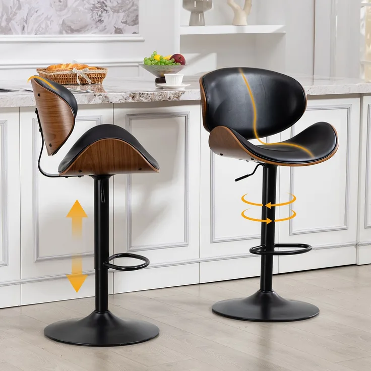 LVHOM Barhocker 2er Set, Höhenverstellbarer Barstuhl mit Bugholz-Rückenlehne und Fußstütze, drehbare Küchenhocker, gepolsterter Tresenhocker aus PU-Leder, Schwarz