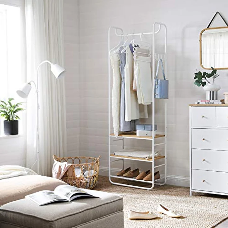 VASAGLE Garderobenständer, Garderobe, Kleiderständer, mit Schuhablage, Schuhregal, Flur, Schlafzimmer, 58 x 28 x 181 cm, skandinavisch, mattweiß-goldeichenfarben HSR81WN – Bild 4