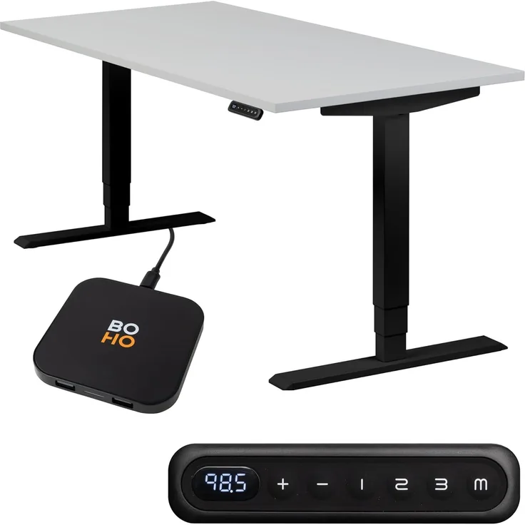 boho office® homedesk - elektrisch stufenlos höhenverstellbares Tischgestell in Schwarz mit Memoryfunktion, inkl. Tischplatte in 140x80 cm in Lichtgrau