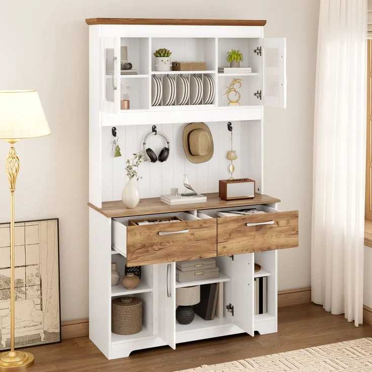 Großer Küchenbuffet Schrank mit Stauraum, Küchenschrank mit Vitrinenfächern, 2 Schubladen, Türen und Hakenleiste – Moderner Buffetschrank für Küche, Esszimmer & Flur, 106 × 39 × 176,5 cm--Natur, Weiß--106x39x176.5cm--YOUDENOVA – Bild 4